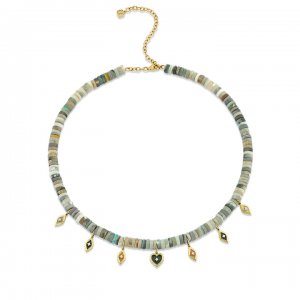 Gold & Diamond Scallop Multi-Charm Opal Heishi Necklace