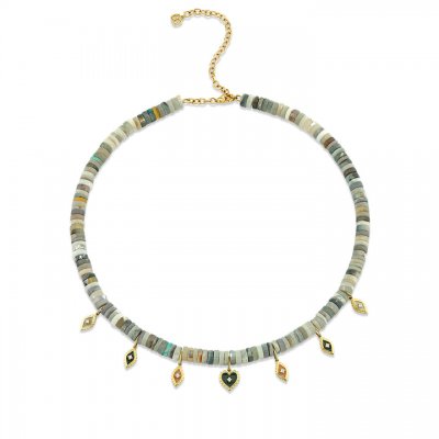 Gold & Diamond Scallop Multi-Charm Opal Heishi Necklace