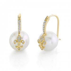 Gold & Diamond Fleur de Lis Pearl Earrings