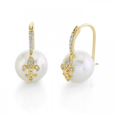 Gold & Diamond Fleur de Lis Pearl Earrings