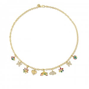 Gold & Diamond Multi-Charm Rainbow Necklace