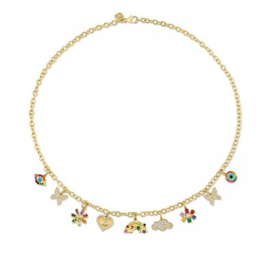 Gold & Diamond Multi-Charm Rainbow Necklace