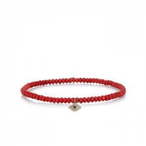 Gold Bezel Sapphire & Diamond Evil Eye on Red Bamboo Coral