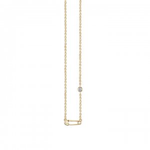 Gold Plated Sterling Silver Safety Pin Necklace with Bezel Set Diamond