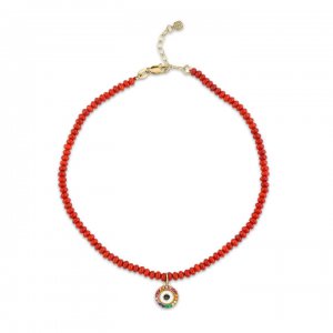 Gold & Rainbow Evil Eye Red Bamboo Coral Anklet