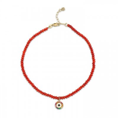 Gold & Rainbow Evil Eye Red Bamboo Coral Anklet