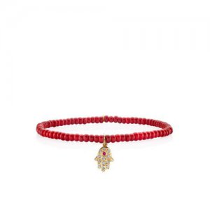 Gold & Diamond Mini Hamsa on Red Bamboo Coral