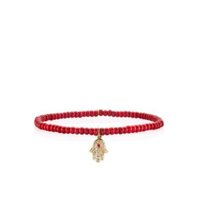 Gold & Diamond Mini Hamsa on Red Bamboo Coral