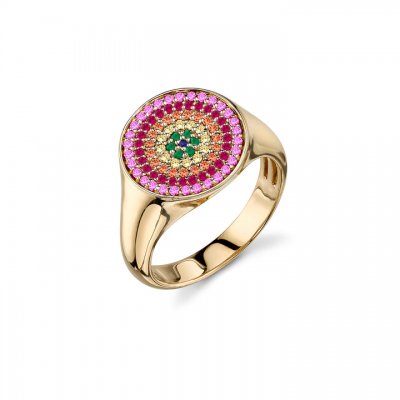 Gold & Rainbow Evil Eye Disc Medallion Signet Ring