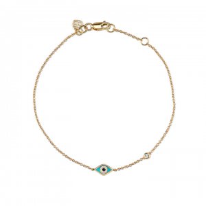 Gold & Turquoise Mini Enamel Evil Eye Bracelet with Bezel Set Diamond