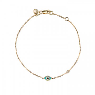 Gold & Turquoise Mini Enamel Evil Eye Bracelet with Bezel Set Diamond