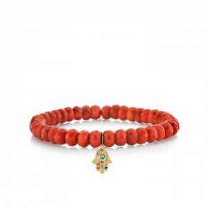 Gold & Rainbow Small Hamsa On Orange Bamboo Coral