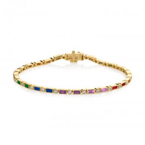 Gold & Rainbow Baguette and Round Bezel Eternity Bracelet