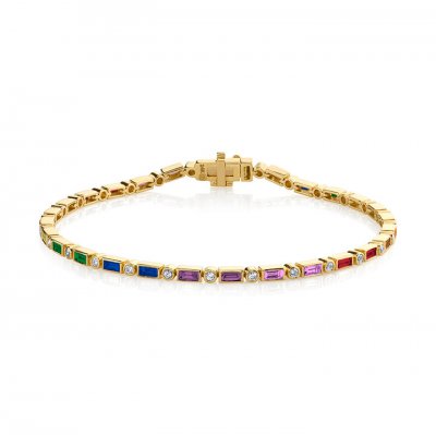 Gold & Rainbow Baguette and Round Bezel Eternity Bracelet