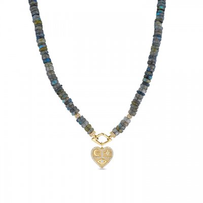 Gold & Diamond Tricon Heart Labradorite Heishi Necklace