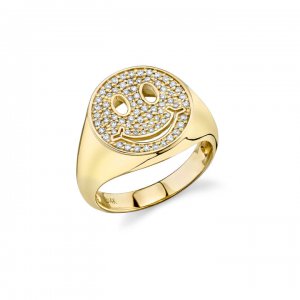 Gold & Diamond Happy Face Pave Signet Ring