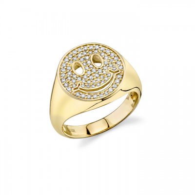 Gold & Diamond Happy Face Pave Signet Ring