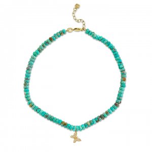 Gold & Diamond Tiny Butterfly on Natural Turquoise Anklet