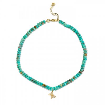 Gold & Diamond Tiny Butterfly on Natural Turquoise Anklet