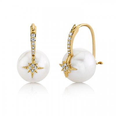 Gold & Diamond Starburst Pearl Earrings