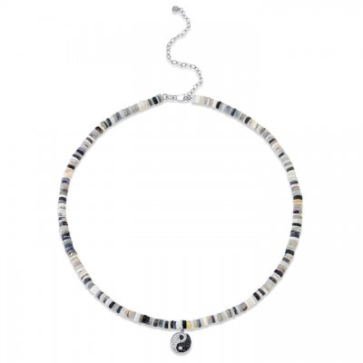 White Gold & Diamond Yin Yang Multi Grey Opal Heishi Necklace