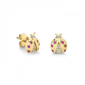 Gold & Diamond Small Open Wings Ladybug Stud