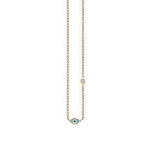 Gold & Turquoise Mini Enamel Evil Eye Necklace with Diamond