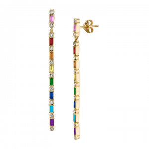 Gold & Rainbow Baguette & Bezel Drop Earrings