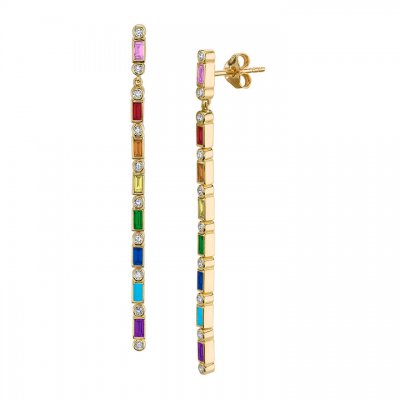 Gold & Rainbow Baguette & Bezel Drop Earrings