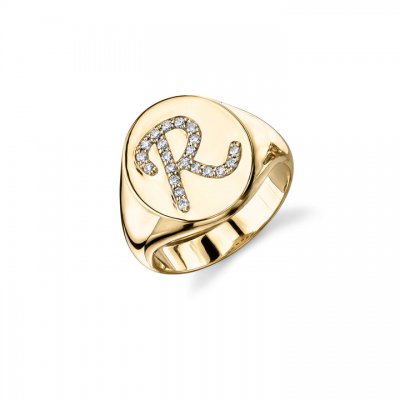 Gold & Pave Diamond Initial Signet Rings