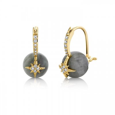 Gold & Diamond Starburst Grey Cat's Eye Earrings