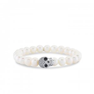 Men's Collection Gold & Diamond Large Skull Bead on Pearl