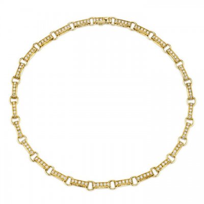 Gold & Pave Diamond Large Round Rectangle Link Eternity Necklace