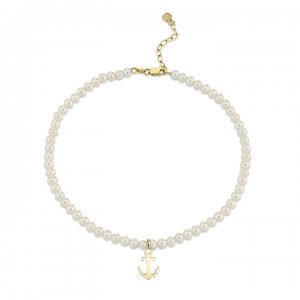 Pure Gold Tiny Anchor Anklet on Fresh Water Pearls