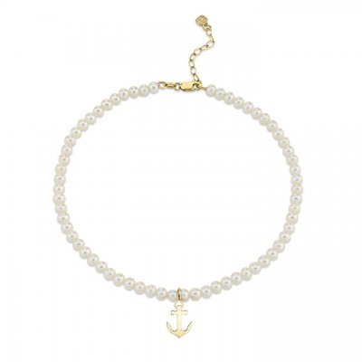 Pure Gold Tiny Anchor Anklet on Fresh Water Pearls